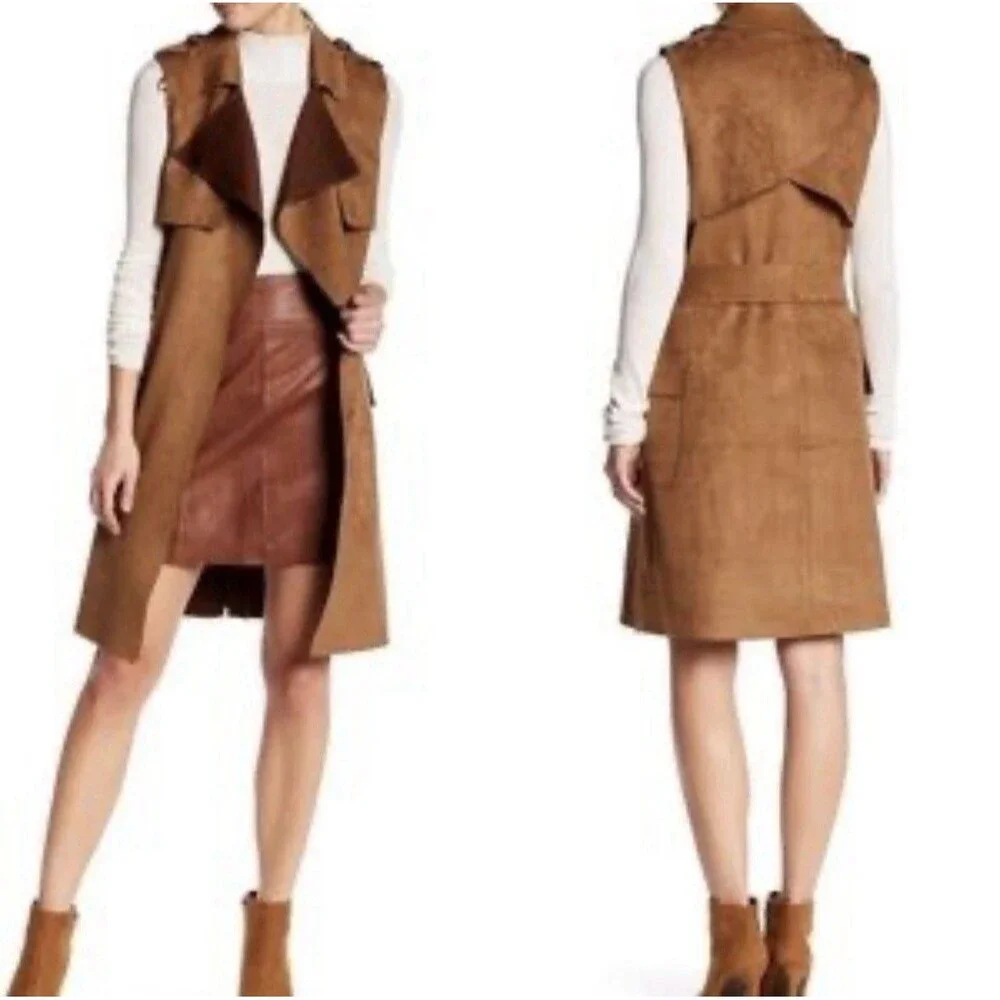 Love Token Long Trench Vest Waistcoat Sleeveless Duster Size XS Microsuede